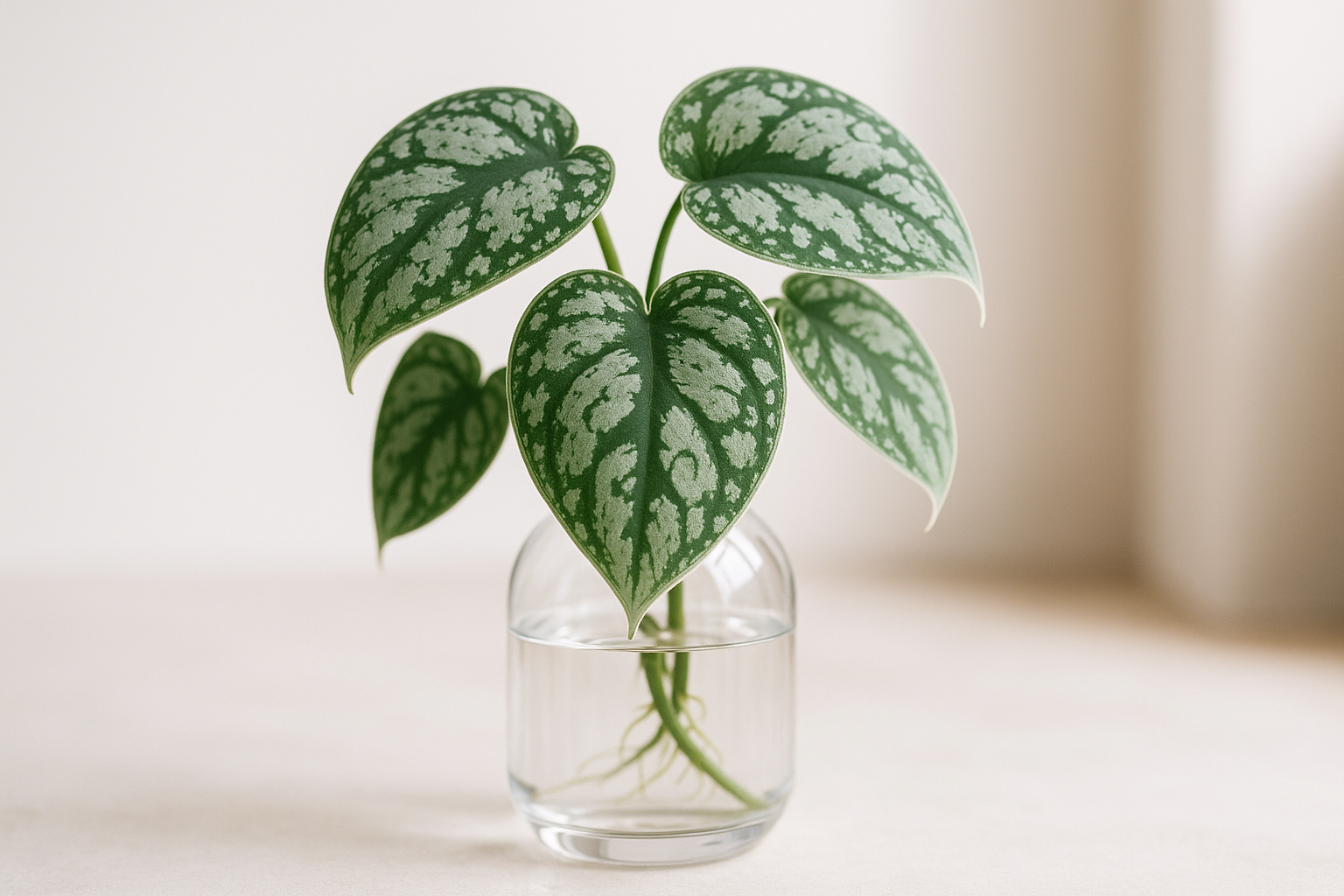  High-res lifestyle photo (Scindapsus Halimoon in clear vase, white/earth tone background).